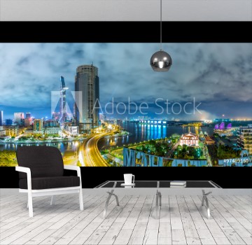 Picture of Ho Chi Minh City Vietnam - September 2nd 2015 architectural city at night with lights on skyscrapers confluence three rivers present developed full life in Ho Chi Minh City Vietnam